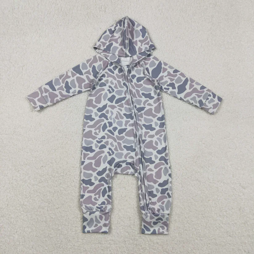 

Latest Spring Fall Kids Romper Grey Camo Print Baby Boys Hoodie Zipper Romper