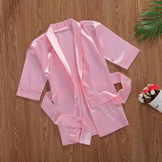 Baby Girl Solid Color Pajamas Silk Satin Gown Sleepwear Plain Kimono Robe Toddler Kids Nightwear Outfit