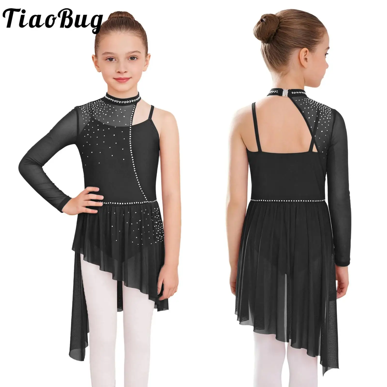 

Kids Girls Asymmetrical Lyrical Ballet Jazz Dance Dresses One Shoulder Long Sleeve Mesh Skirt Patchwork Bodysuit Skating Dress