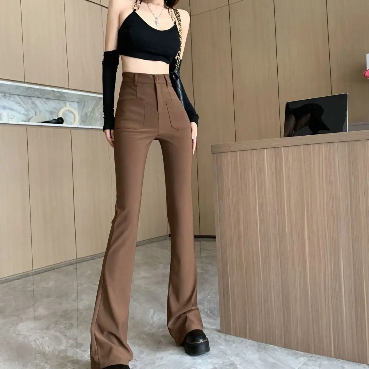 Coffee Colored Micro Flared Pants with Leggings Women's Spring and Autumn Design Sense High Waisted Casual Floor Pants