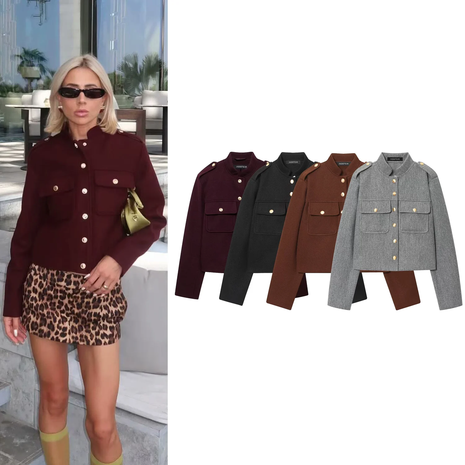 Chaqueta Bomber corta con cuello levantado y bolsillos de manga larga para mujer, abrigo de lana para ir al trabajo y ocio, ropa de calle 2025