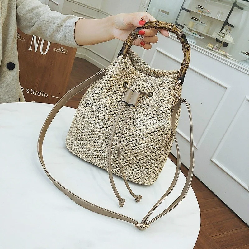 

Grass Woven Women's Bag 2023 New Fashion Bamboo Joint Drawstring Bucket Bag Single Shoulder Crossbody Handheld Small Bag