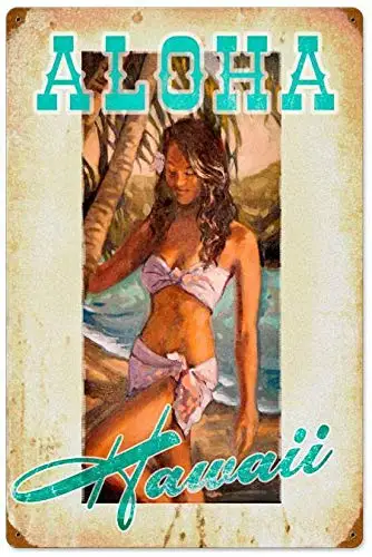 Vintage Retro Metal Tin Sign Tropical Aloha Hawaiian Girl Beach Ocean Home Bar Restaurant Club Wall Decor Signs 12X8Inch