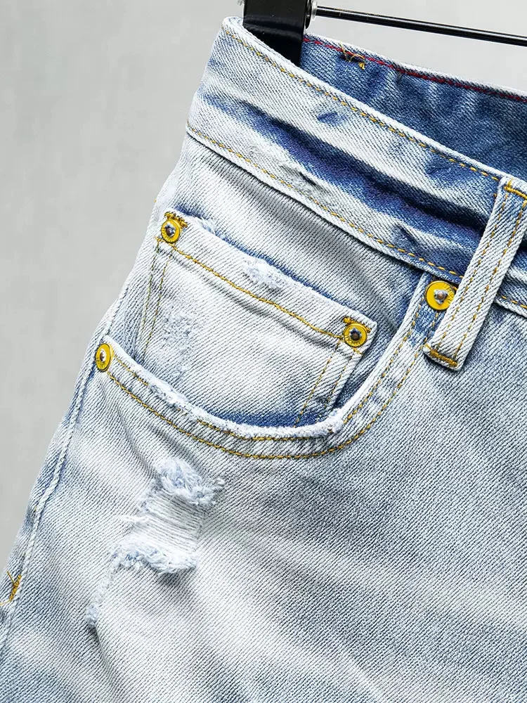 Summer Fashion Men Jeans High Quality Retro Light Blue Spliced Stretch Ripped Denim Shorts Men Vintage Casual Shorts Hombre