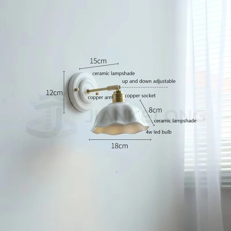 JIANKELONG White ceramic LED wall lamp copper arm socket bedroom living room edge lamp wall hanging lamp wall decor bedroom