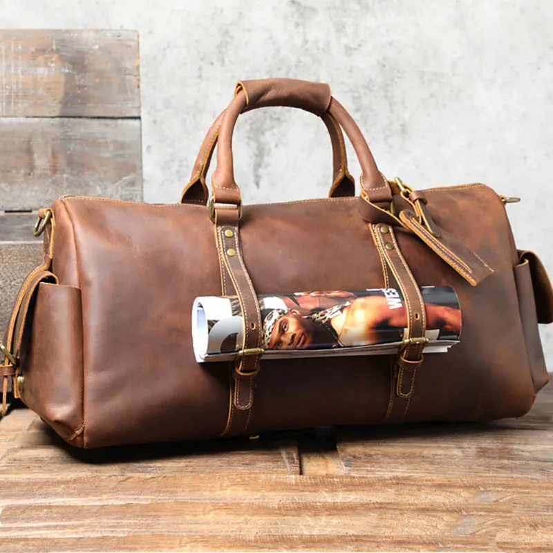 Luufan Vintage Men\'s Genuine Leather Travel Bags Women Vintage Leather Travel Duffle 50cm Big Size Luggage Bgs For Male Handbag