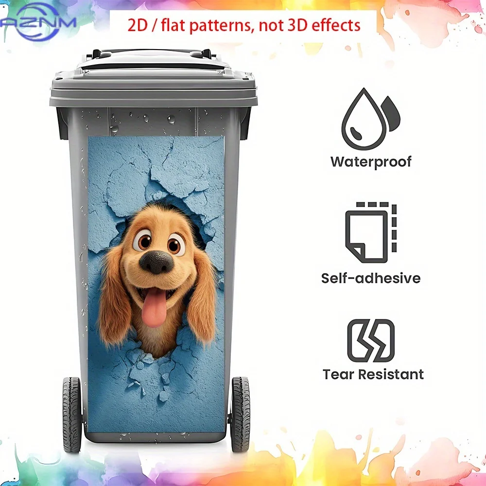 1pc Large Funny Dog Peeking Through Hole Wheelie Bin Stickers - Brown Puppy Decoration, Removable Adhesive Trash Can Decor for