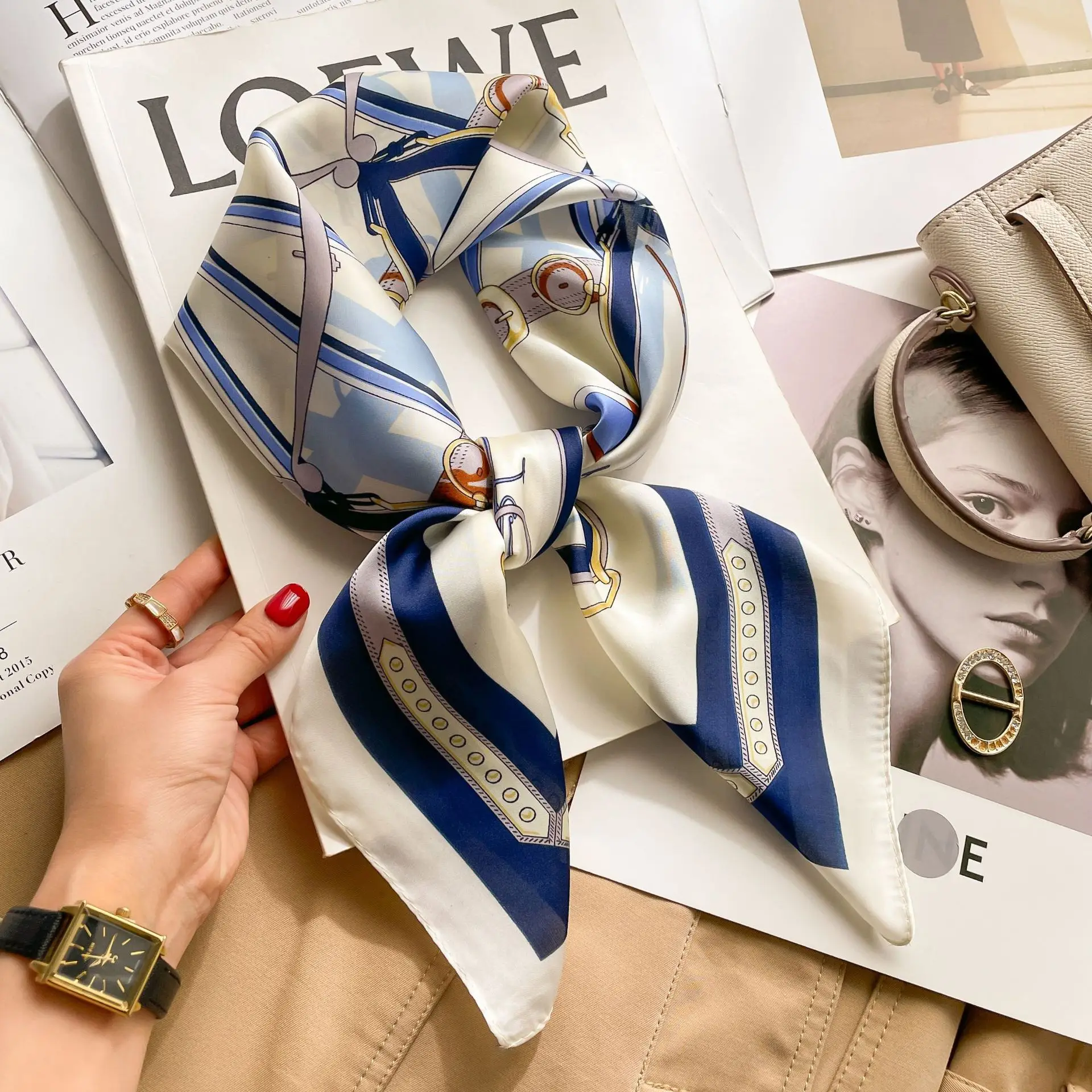 Luxury Design Satin Imitation Print Silk Scarf Square Women Neck Scarves Wrap Headkerchief Beach Hair Band Women's Bandana