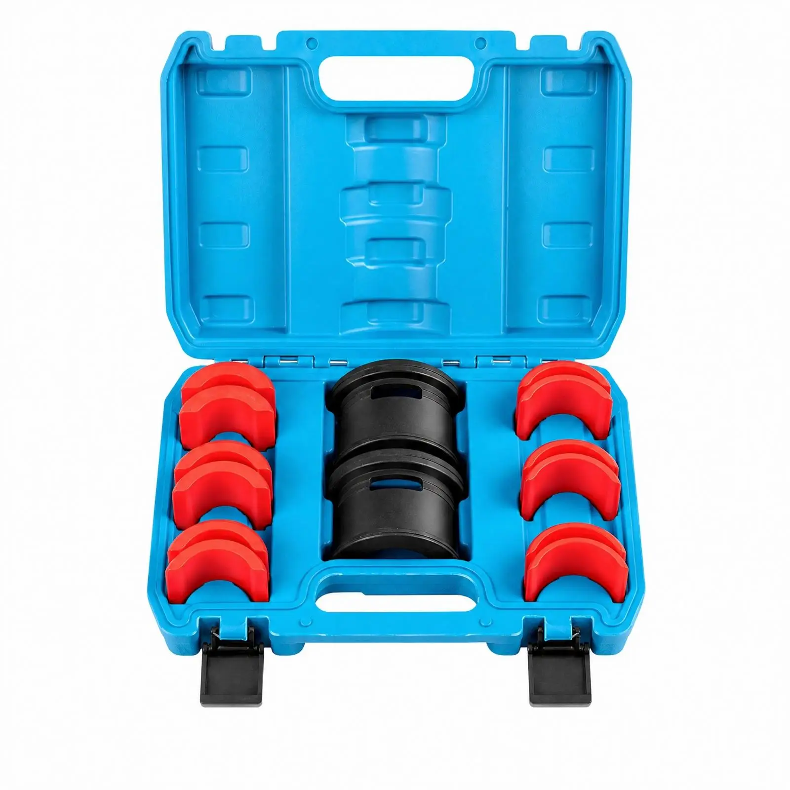 Versatile Motorcycle Oil Seal Installer Tool with Steel Driver Bodies and Nylon Adapters for 35 to 50mm Fork Sizes in Carrying