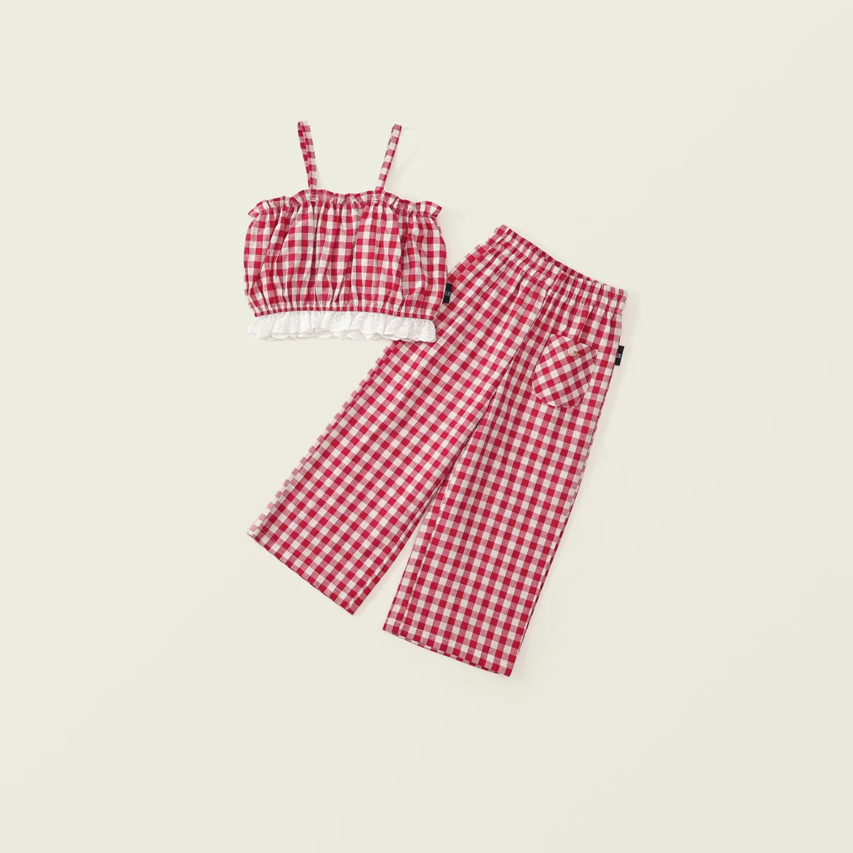 Girls' Strap Grid Set 2025 Summer New Style Children's Leisure Countryside Style Strap Top+Wide Leg Pants Two Piece Set