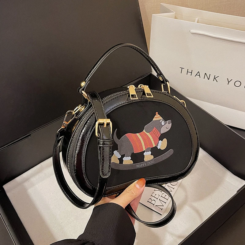 

Small Round Bag Cute Cartoon Dog Handbag Shoulder Bag Women 2024 Designer Crossbody Bag Classic Pu Handle Purse Circular Tote