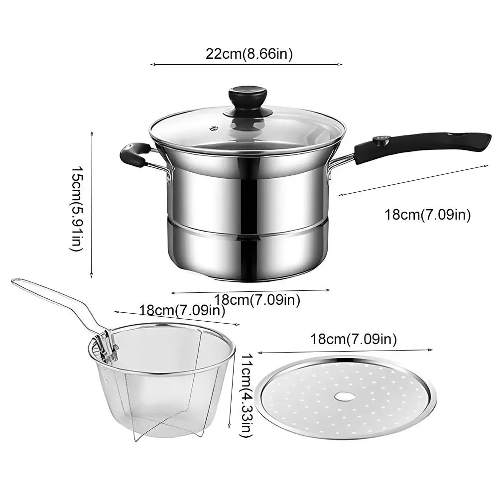 Multifunctional Stainless Steel Deep Fryer Pot Visible Lid with Frying Basket and Steamer Pasta Pot Japanese Stockpot Tempura