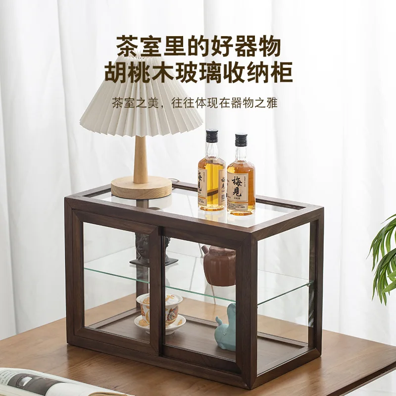 Walnut dust-proof glass display cabinet tea set figure storage cabinet solid wood storage cabinet tea ceremony tea room storage