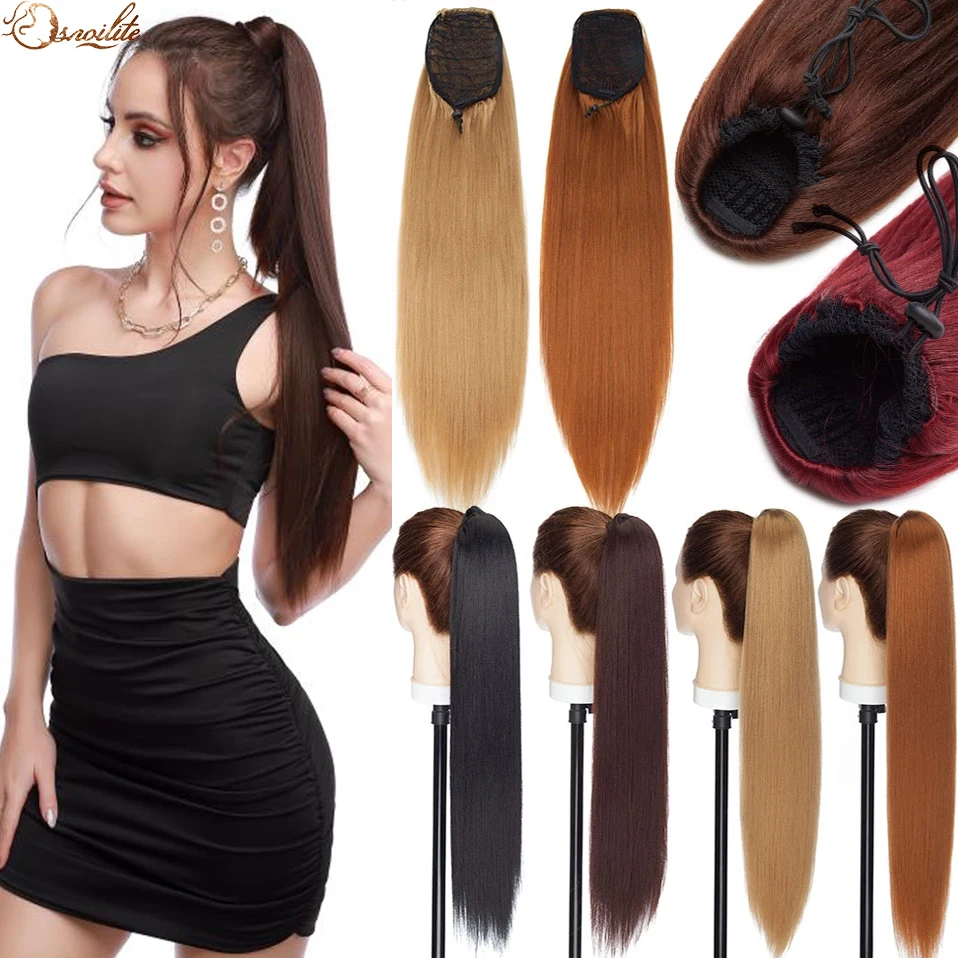 S-noilite Synthetic 22inch Afro Yaki Straight Ponytail Clip In Ponytail Hair Extension Drawstring Ponytail Hair For Women