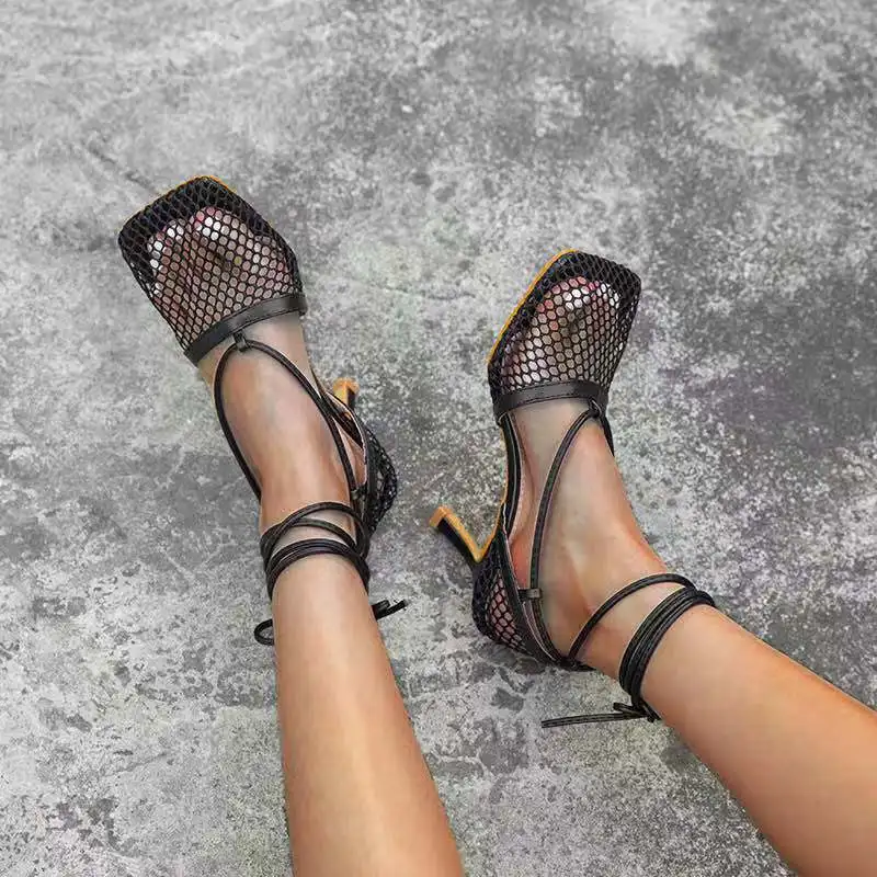 2026 Hot Sale Party Disco Dance Pumps Women Air Mesh Square Head Lace Up Thin Heel Roman Shoes Hollow-out Fashion Women's Shoes