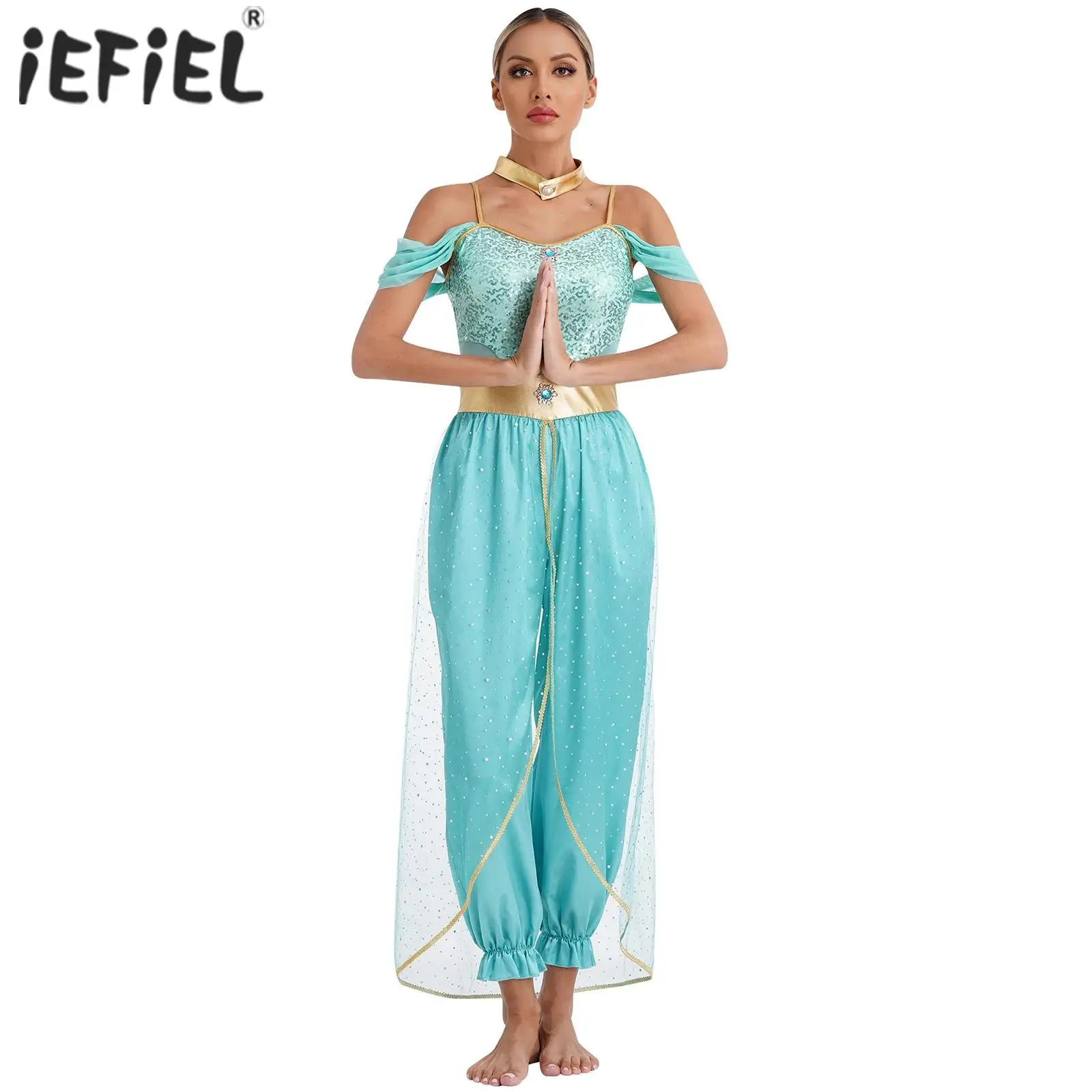 Womens Belly Dance Arabian Princess Circus Parade Cosplay Costume Gems Adorned Sequin Romper with Metallic Shiny Choker Collar