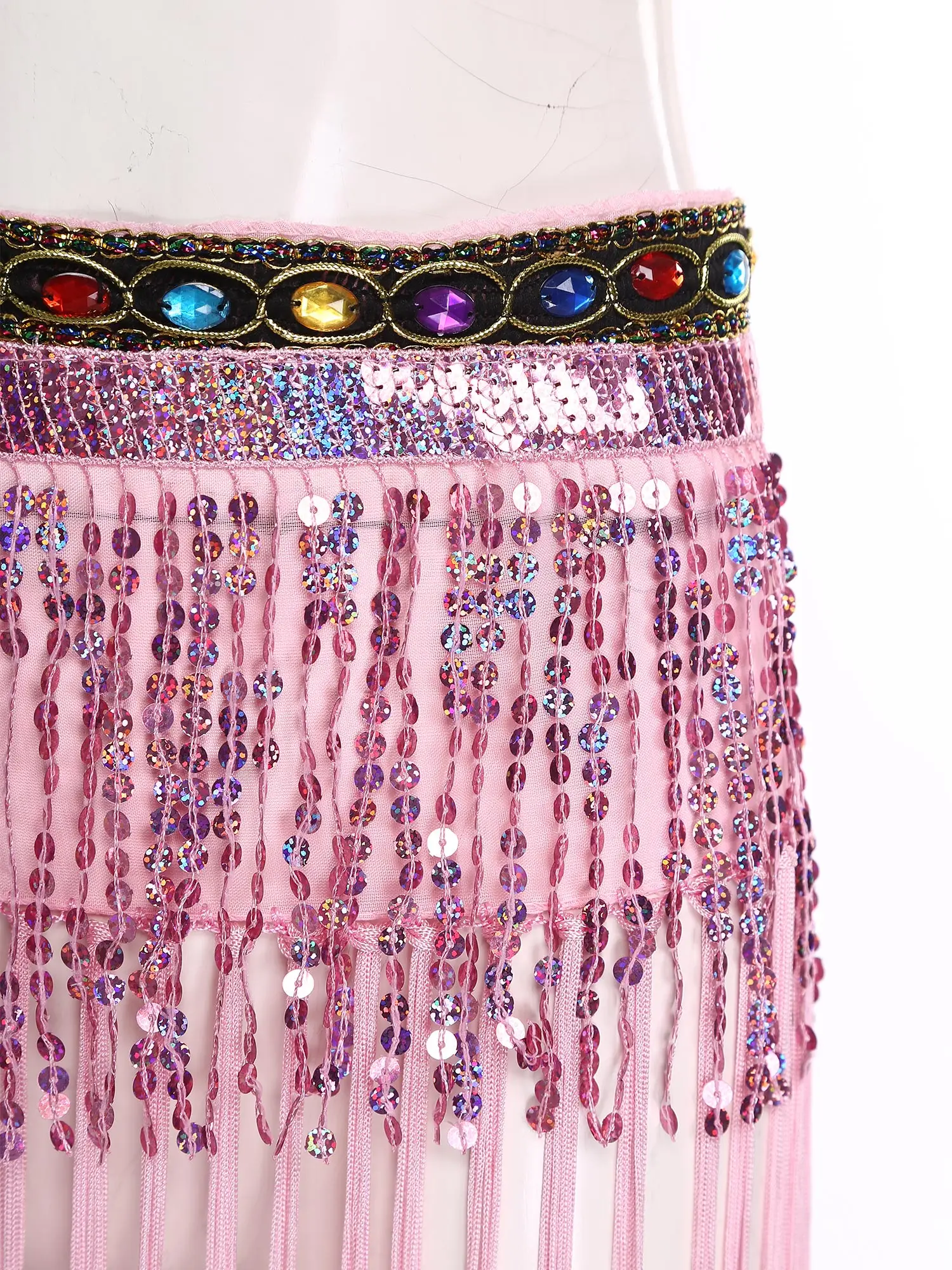 ผ้าคาดเอวเต้นระบำหน้าท้องสำหรับผู้หญิง ประดับพู่หลากสีสัน พร้อมเพชรประดับ สายคาดเอวแบบหลายชั้น ประดับเลื่อมและพู่ห้อย