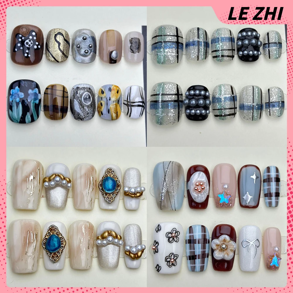 

Vintage Cat Eyes Handmade Short Square Round Full Cover False Nails Flower Pearl Bowknot Diamond Sequins Reusable Press On Nails