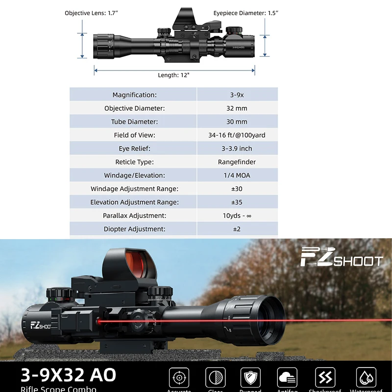 

EZshoot Rifle Scope Optics with 4 Holographic Reticle Red Dot Sight and Red Laser Sight Tactical Flashlight Combo for Picatinny