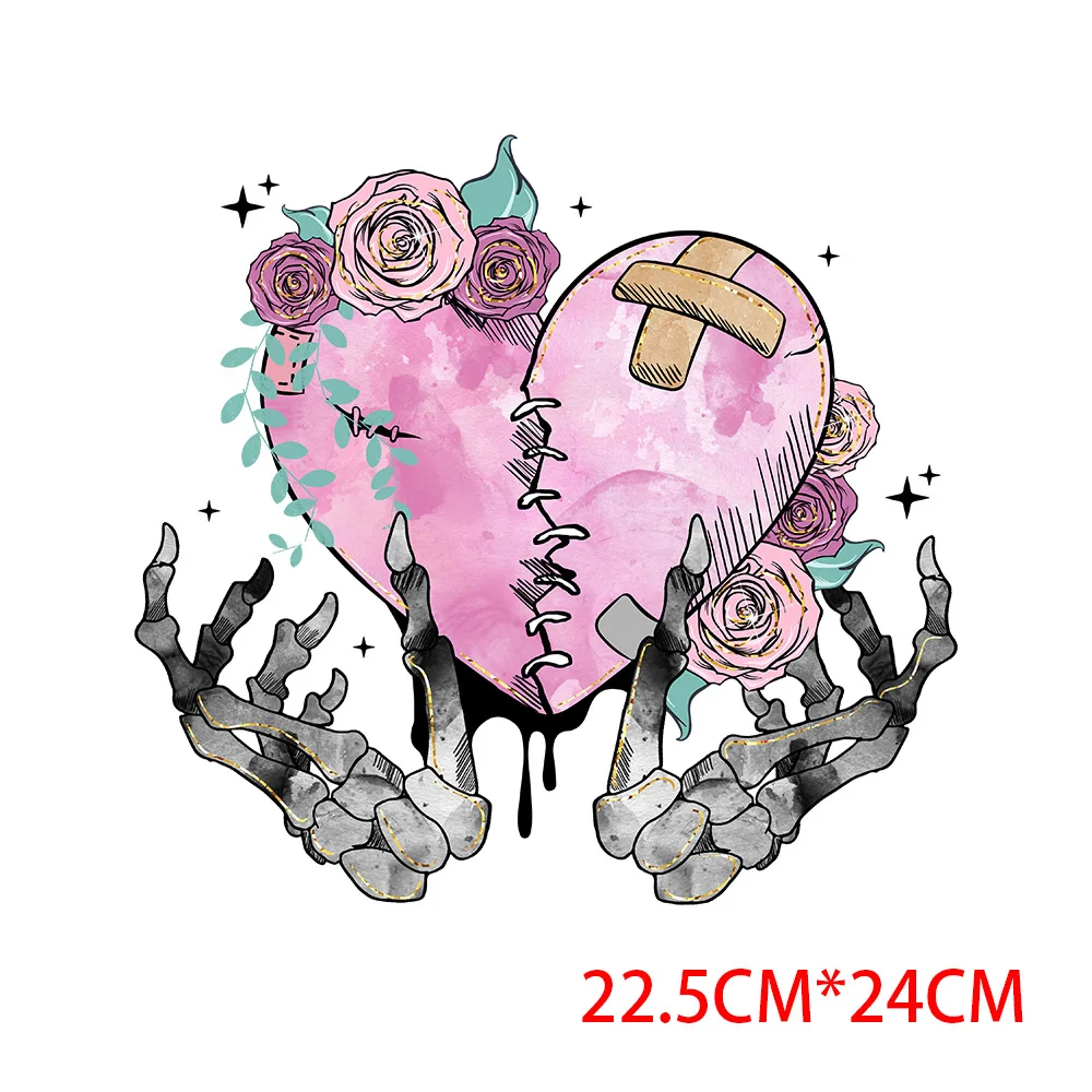 Skeleton Lovers Love Illustrated T-shirt Hot Transfer Flower  Parches Bordados Para La Ropa Iron on Transfers for Clothing