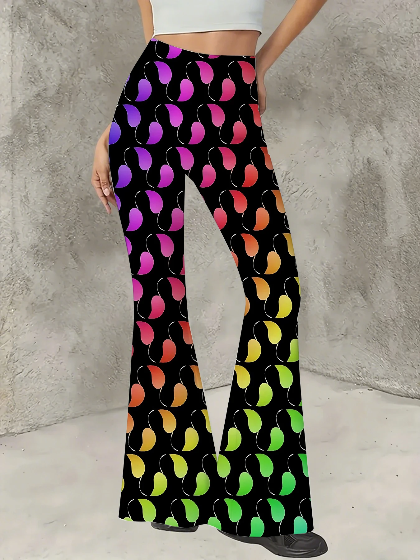 

Retro Printed Flare Pants Women High Waist Polyester Knit Bell Bottom Trousers