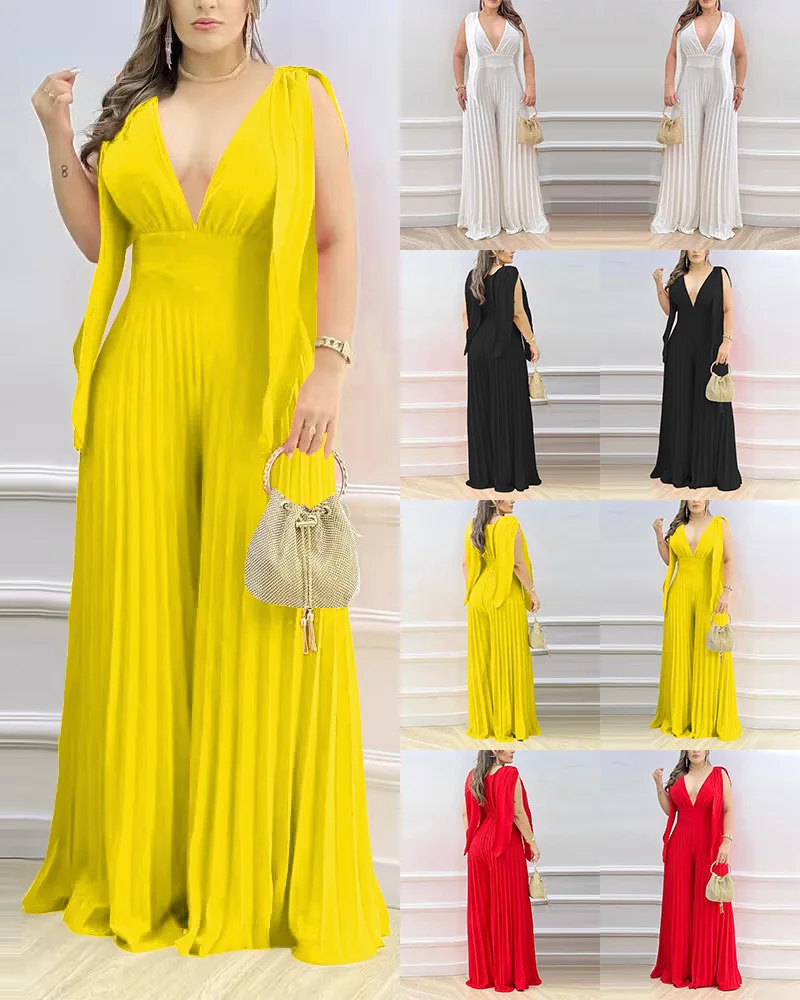 

Summer Wide Leg Pant Jumpsuit Women Casual Solid Ruffle Sleeve Sleeveless V Neck High Waist Pleated Loose Party Jumpsuit Women