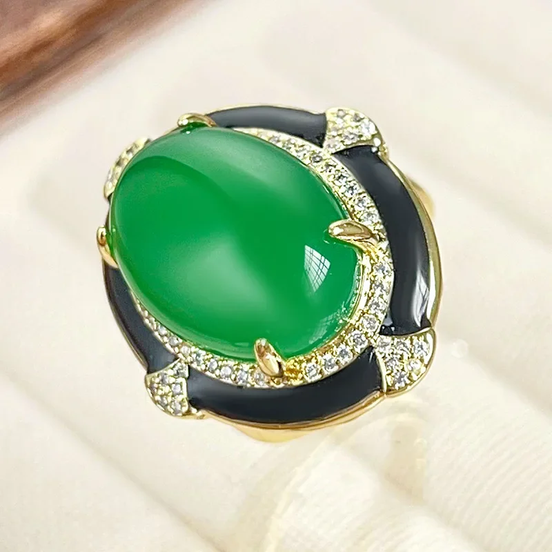 Stylish Pendant Necklace Adjustable Ring Vivid Red Green Gemstones Sparkling Crystals with Black Trimmed Elegance Women Jewelry