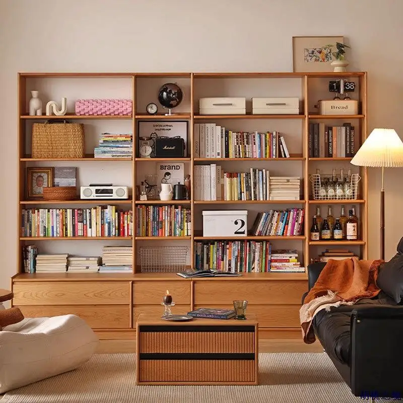 North American cherry wood bookcase, modern Japanese-style combined bookcase, fully solid wood wall-mounted bookshelf