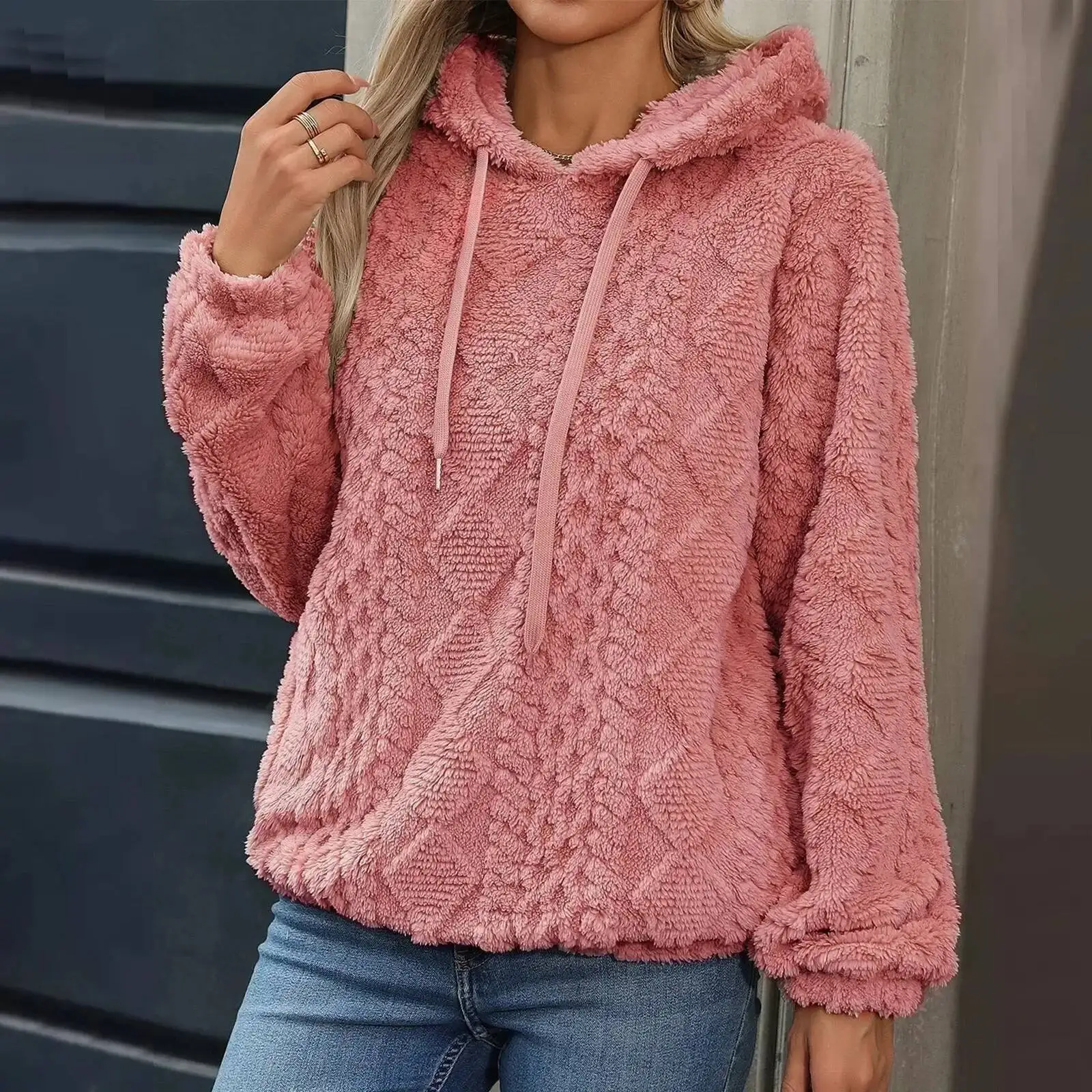 

Trendy Ribbed Sweatshirt Fuzzy Warm Long Sleeve Hooded Sweatshirts Ladies Oversize Knit Soft Hoodie Women Clothing