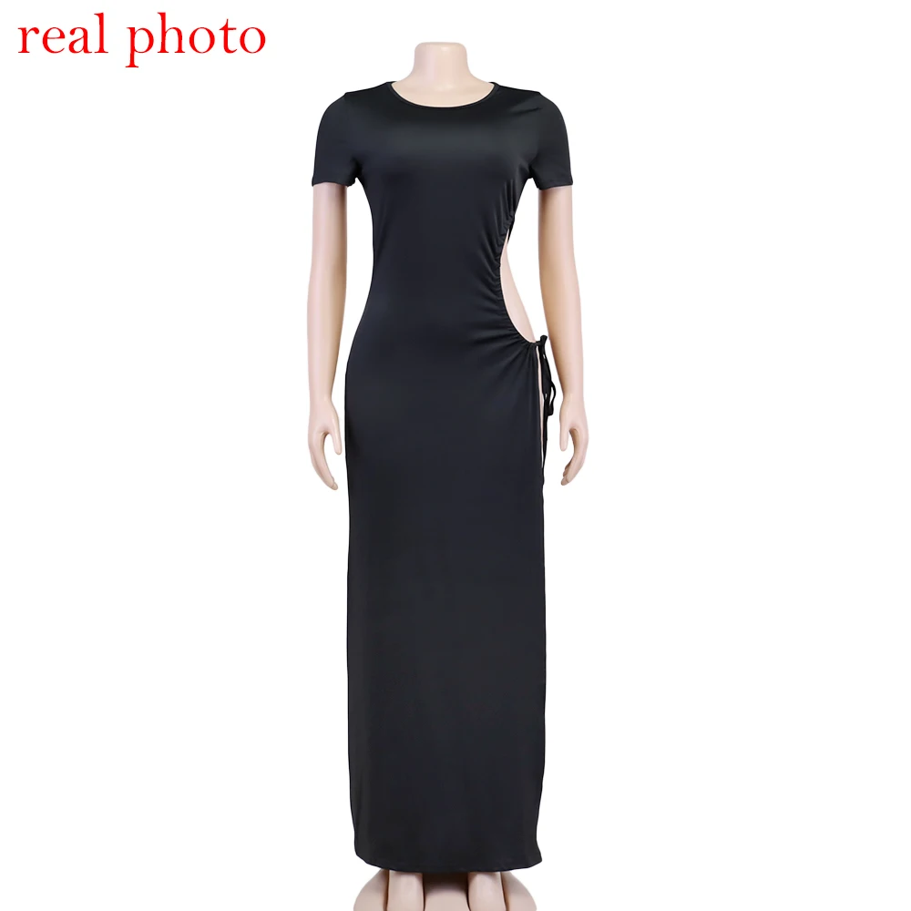 Cryptographic Short Sleeve Sexy Cut Out High Waist Split Maxi Dress Club Party Elegant Outfits for Women Summer Long Dresses New