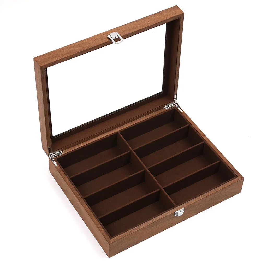 منظم مجموعة النظارات الممتاز - علبة عرض مكونة من 8 شبكات مع درج قابل للقفل، لمسة نهائية خشبية