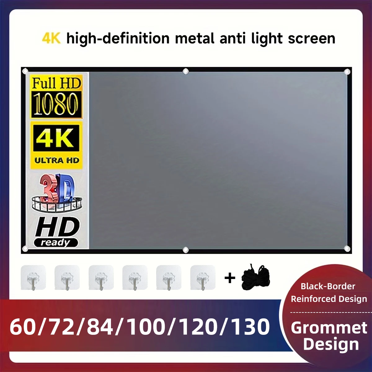 2026 Projector Screen 100-133 Inch Metal Grey Anti-Light 16:9 Portable Black Border With Holes Home Outdoor Projection Screen
