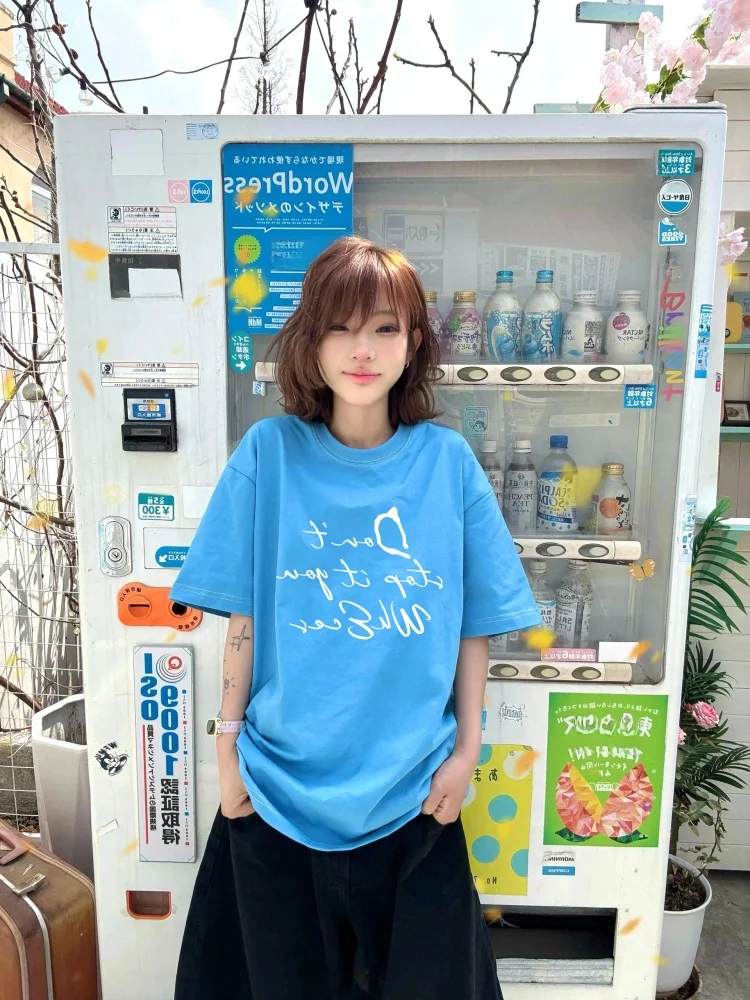 

Blue Cotton ort Sve T-irt Women Summer Loose American High Street f Sve round Ne Print Casual Commute Sle