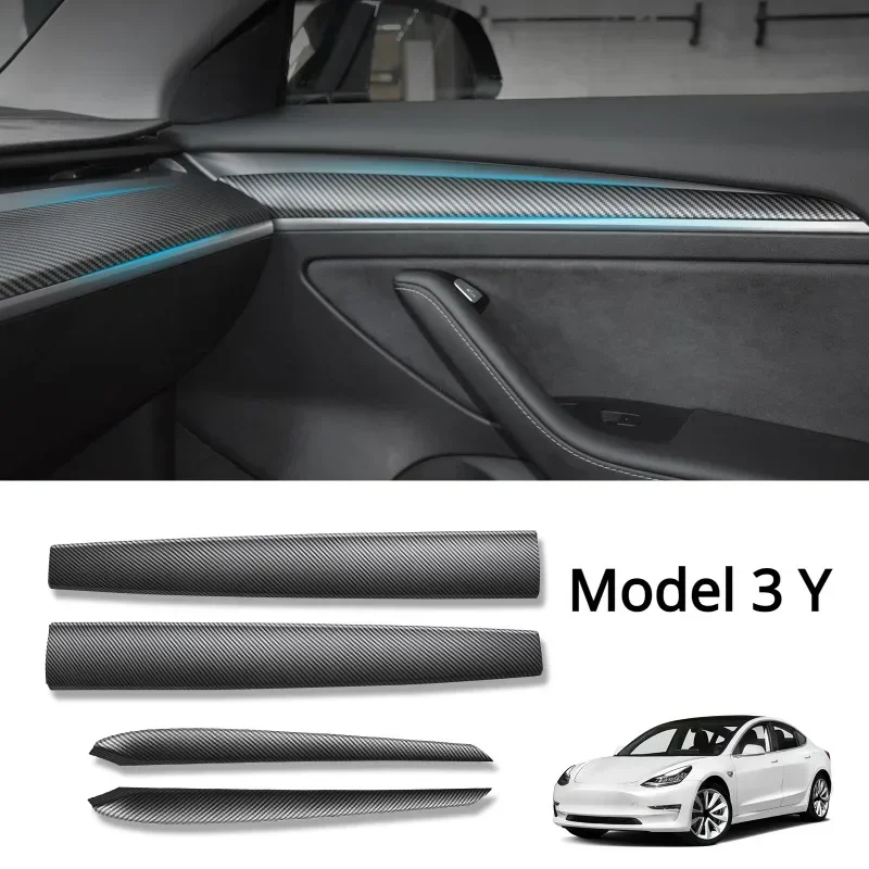 For Tesla Model 3 Y 2017-2023 Car Center Console Dashboard Trim Cover / Door Trim Strip Carbon Fibre ABS Interior Modification