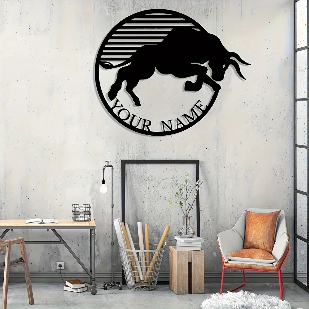 1PC Unique Tailorable Black Metal Bull Wall Art Decorative Plaque Customize with Name Ideal Bohemian Gift Distinctive Wall Deco