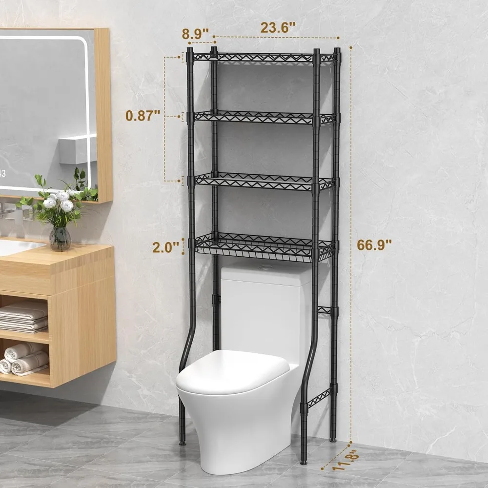 

4-Tier Over Toilet Storage Rack with Adjustable Shelves and Basket, Space-Saving Bathroom Organizer for Small Spaces (Black)