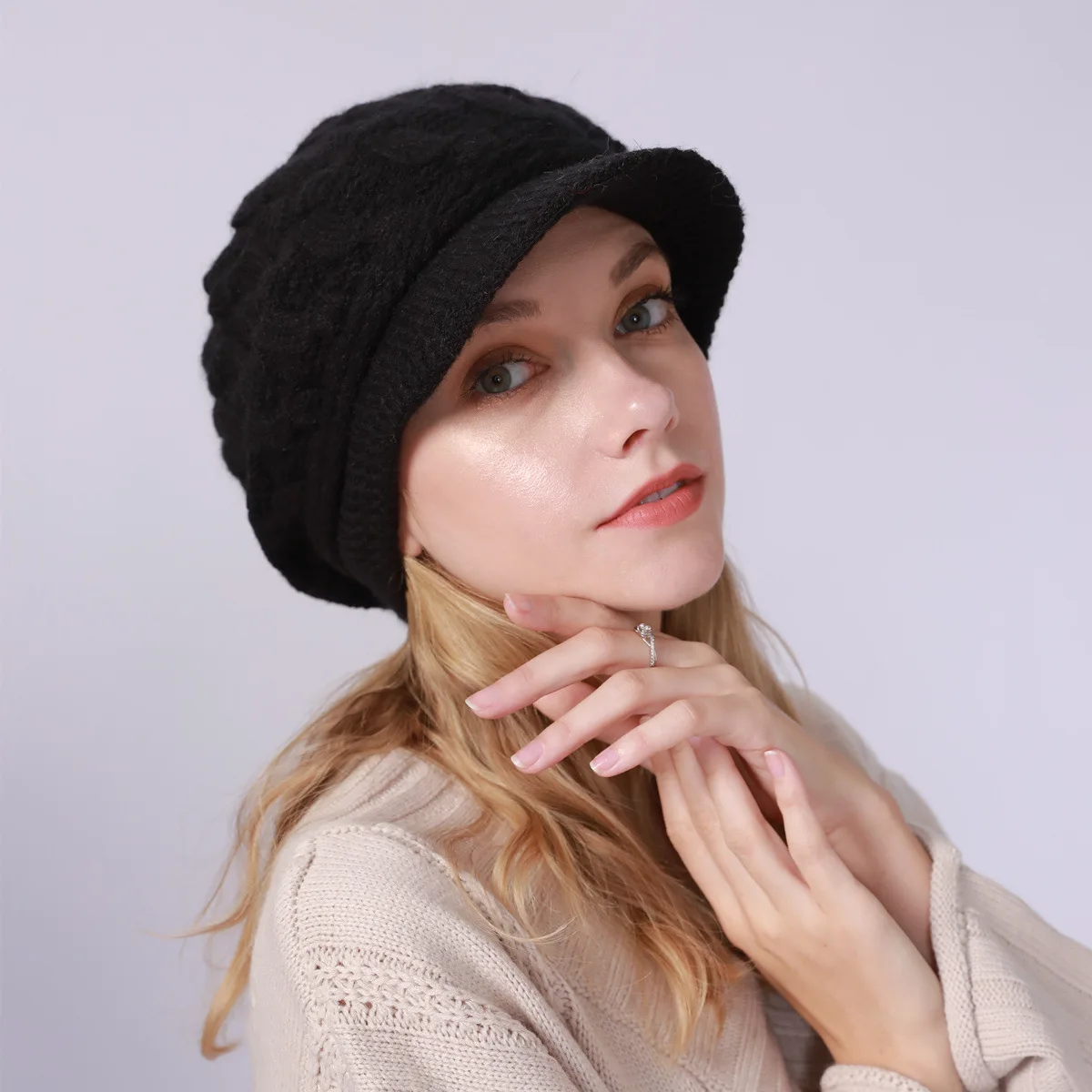 Women Cable Knit Peaked Cap New Fleece Lined Thick Warm Beret Autumn Winter Knitted Hat Bonnet Casual Outdoor Headwear