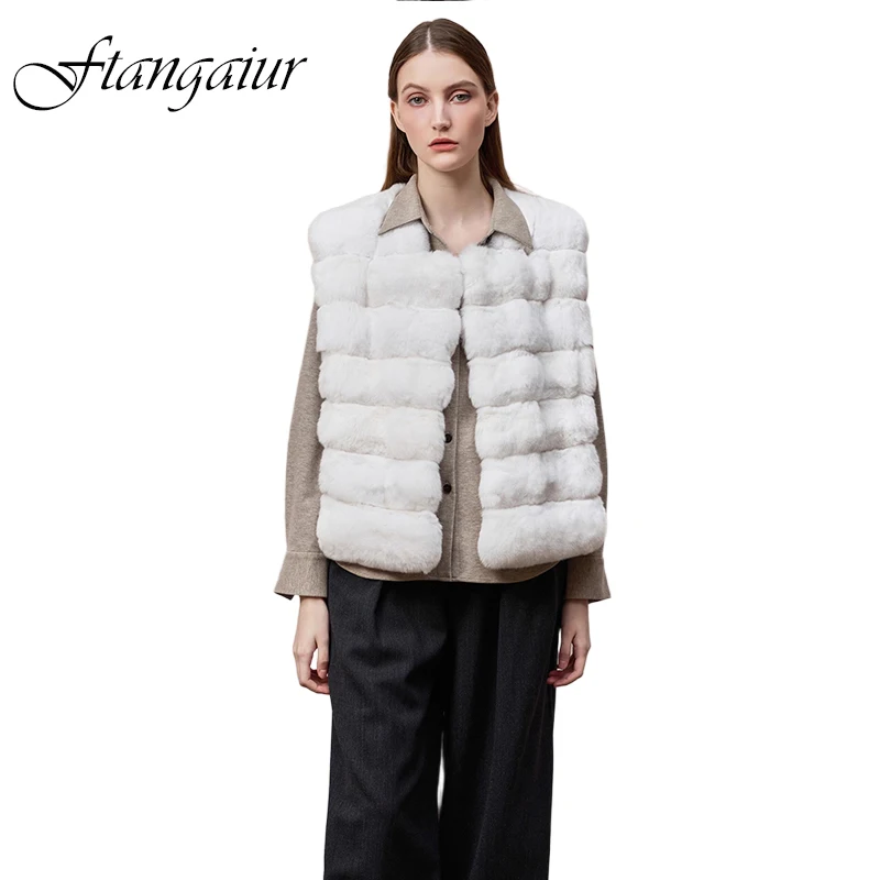 Ftangaiur Zimowy Import Czysta Biel Cyjanowy Niebieski Płaszcz Kamizelka z Szynszilli Damski Elegancki Krótki Kamizelka z Szynszilli w Naturalnym Kolorze z Dekoltem O-Neck