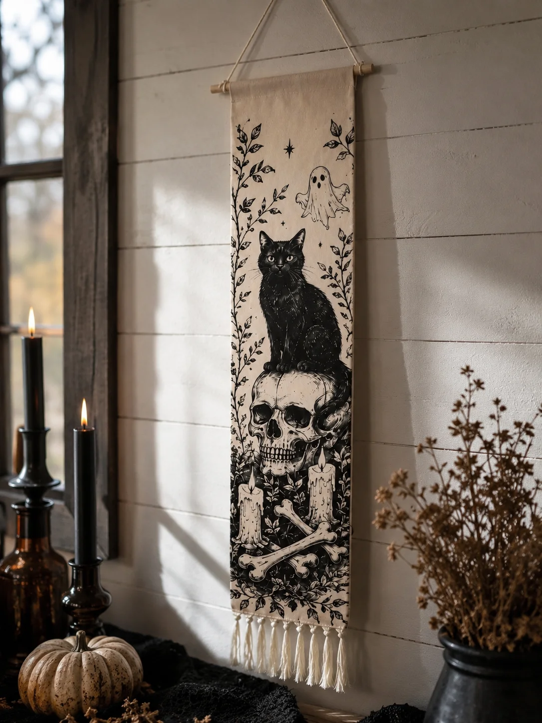 Halloween-Wandteppich mit Quasten, Gotische Hexe, Schwarze Katze, Krähe, Geisterhaus, Totenkopf-Druck, Vintage Grusel-Wandbehang Deko – Detail 19