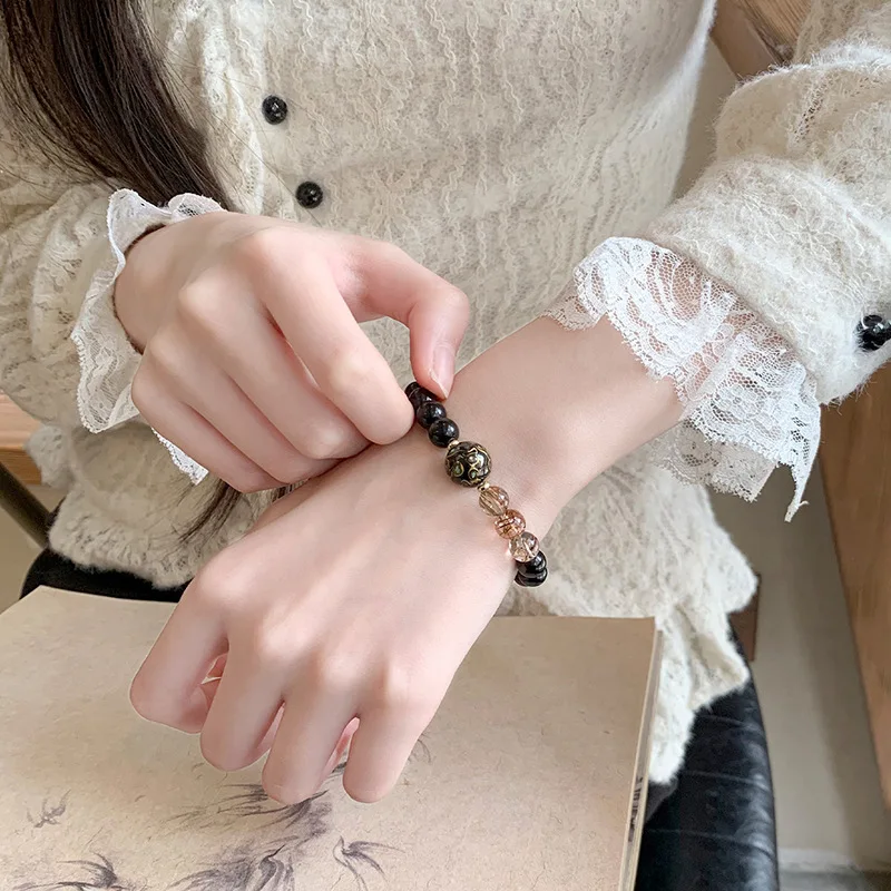 Chinese Style 8mm Natural Obsidian Black Gold Super Seven Crystal Bracelet Handmade Beaded Lucky Blessing Lacquer Bead Single