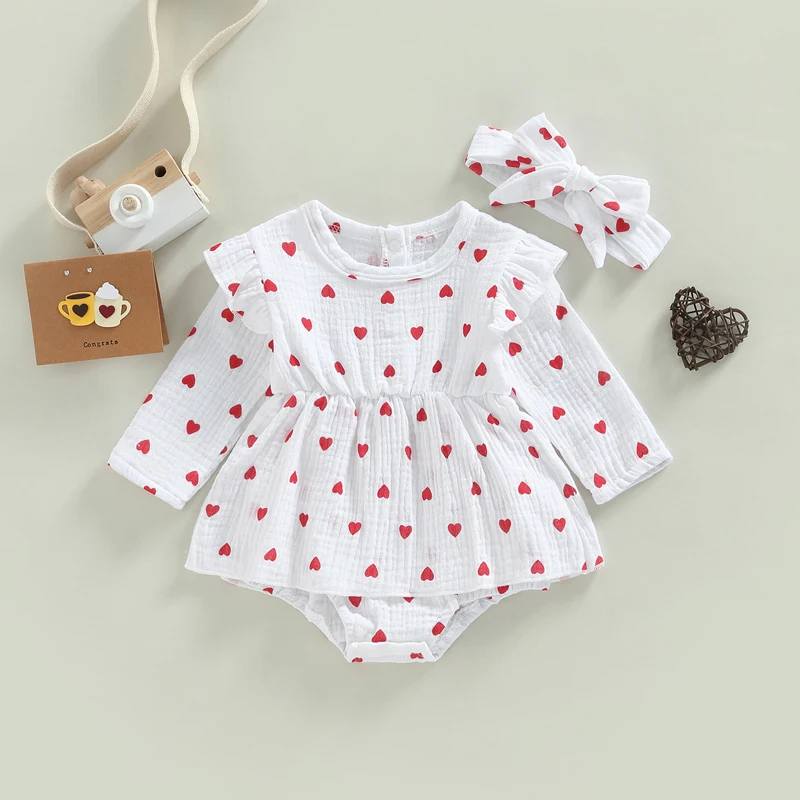 2022-10-21 Lioraitiin Baby Girls Valentine\'s Day Romper Dress Infant Heart Print Long Sleeve Skirt Hem Jumpsuits with Headband