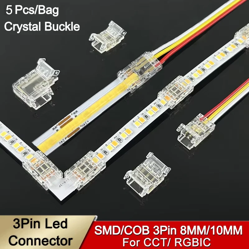 Crystal Buckle Smd Cob Led Connector 8mm 10mm 3 Pin 3 Way Corner Led Strip Light Connector