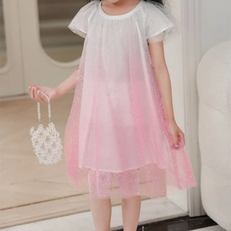 2023 Fashion Summer Girl Party Dress Princess Pink Dress Children Mesh Dresses Teenager Girl Luxury Clothing