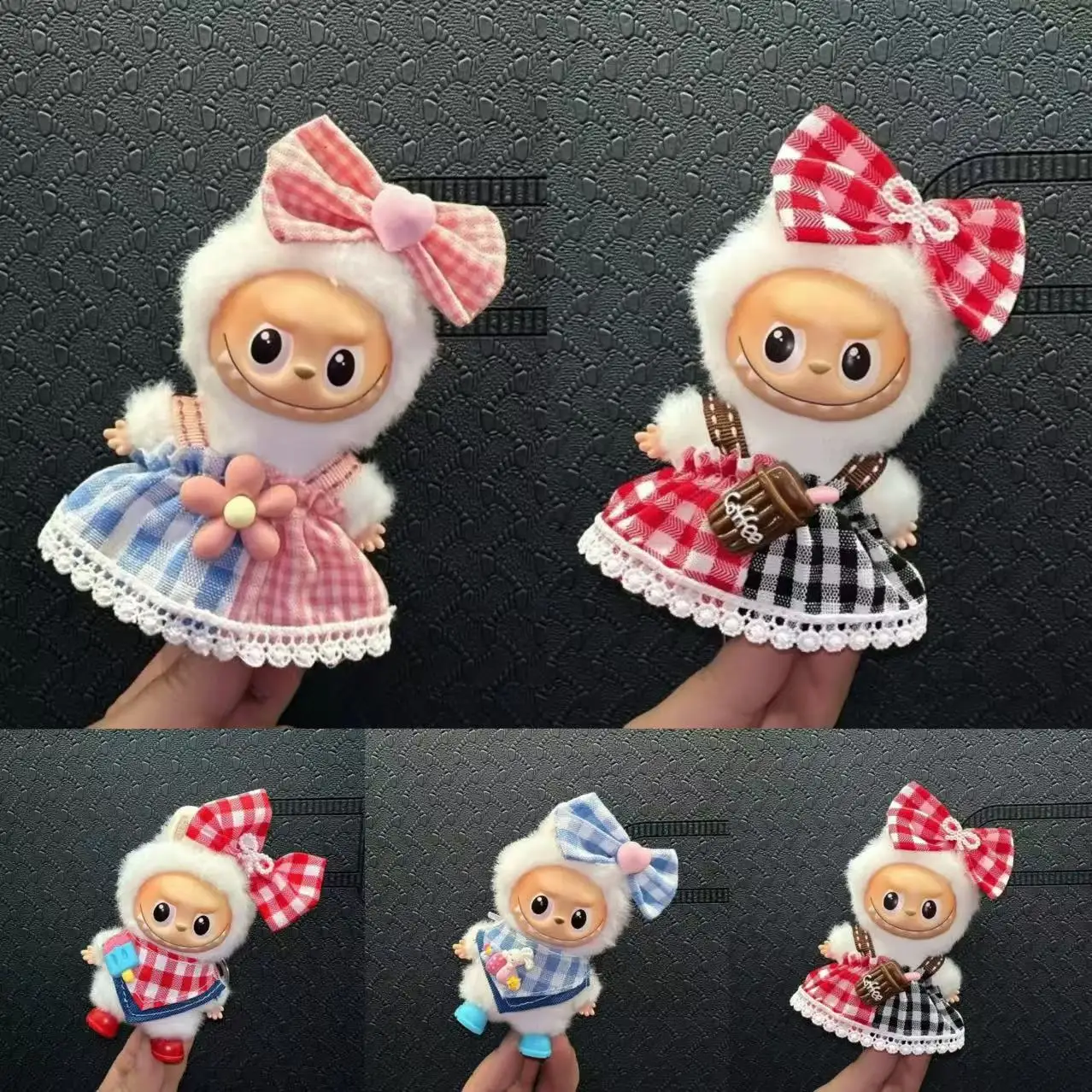 Cute Pink Checkered Skirt Clothes for 10cm Labubu V4 Checkered Denim Bib Suit for Mini Labubu 4.0 Doll Outfit for Ropa Labubu