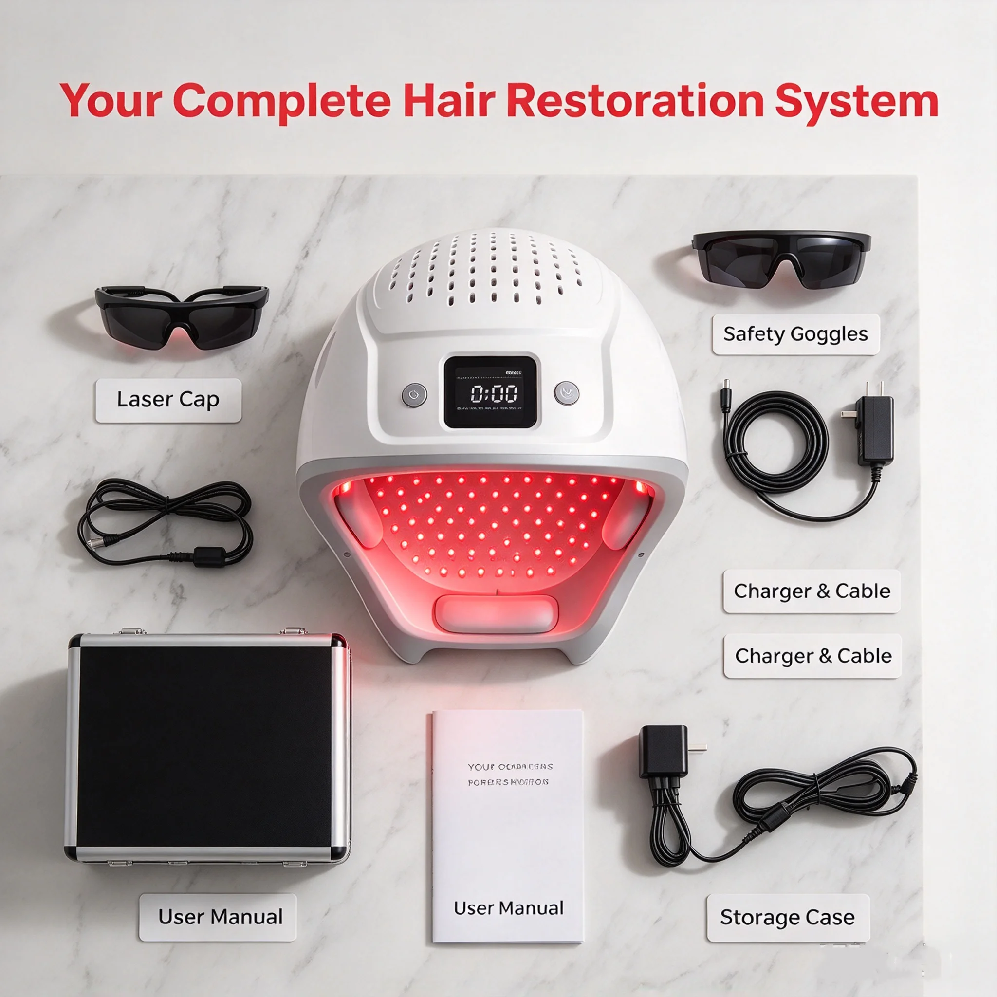 Toponechoice Cordless Portable 650nm LLLT Laser 100 Diodes Hair Growth Regrowth Cap Scalp Massager Device for Home Travel Use