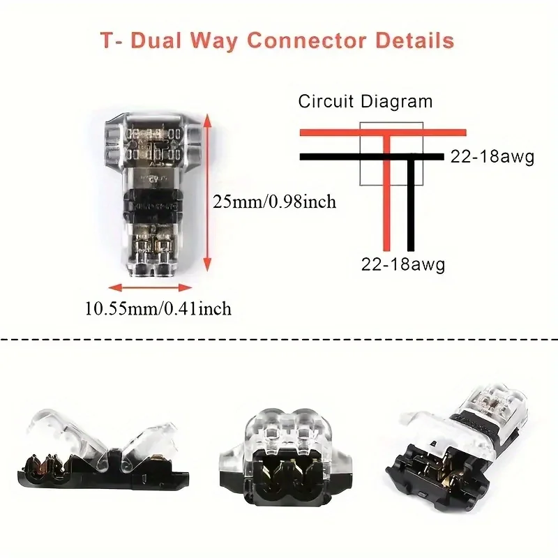 5/15/25Pcs 2-Way Low-Voltage Universal Compact T-Type Wire Connector Tool-Free Wire Connector Quick Splice Wire Connection Connector