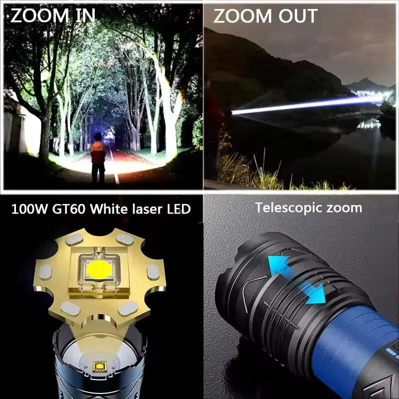 100W GT60 High Power LED Flashlight Super Bright Lantern Long Range Powerful Torch Type-c Rechargeable For Outdoor Camping