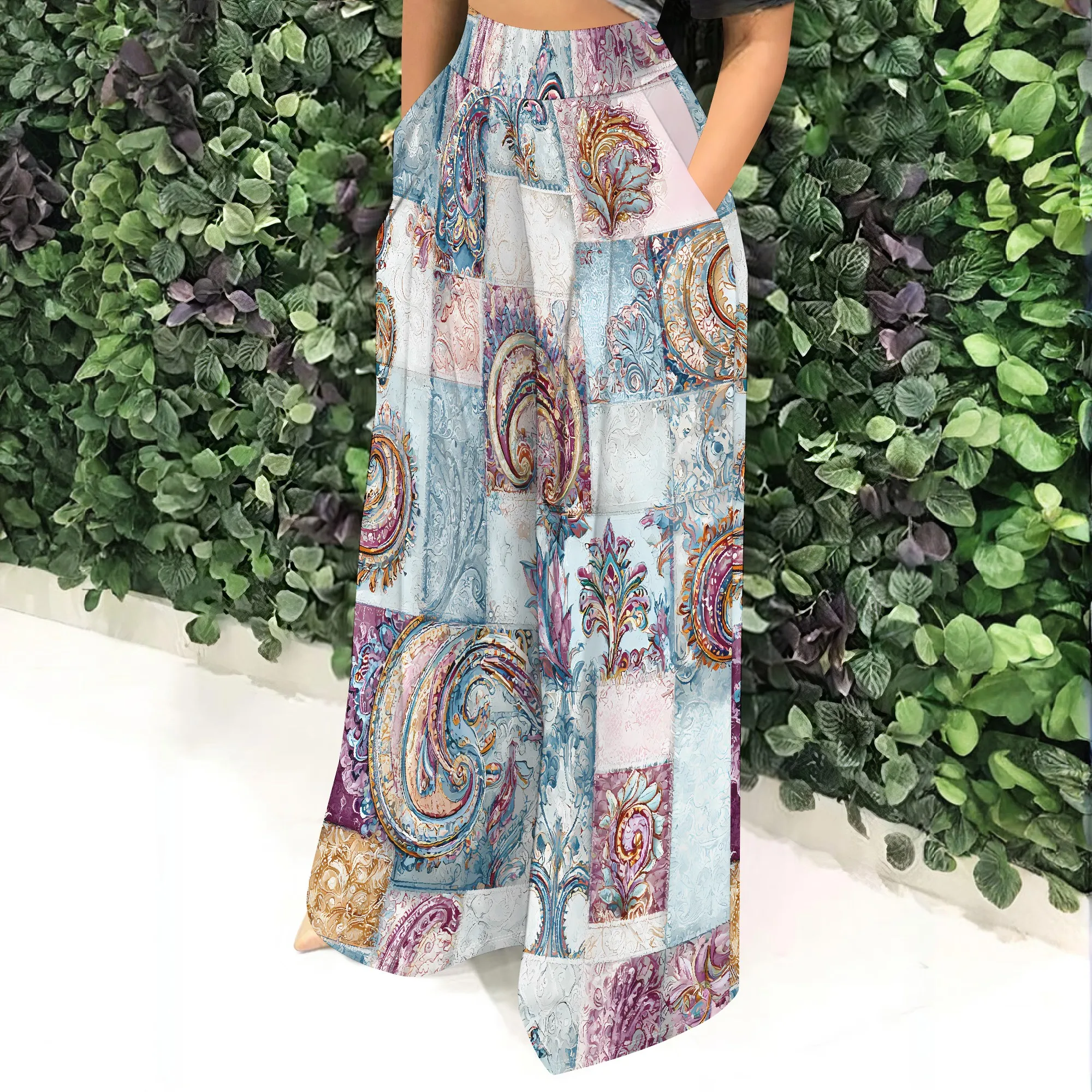 Patchwork Paisley Wide Leg Pants, Vintage Print Trousers, High Waist Loose Fit, Pockets for Daily Wear S-2XL