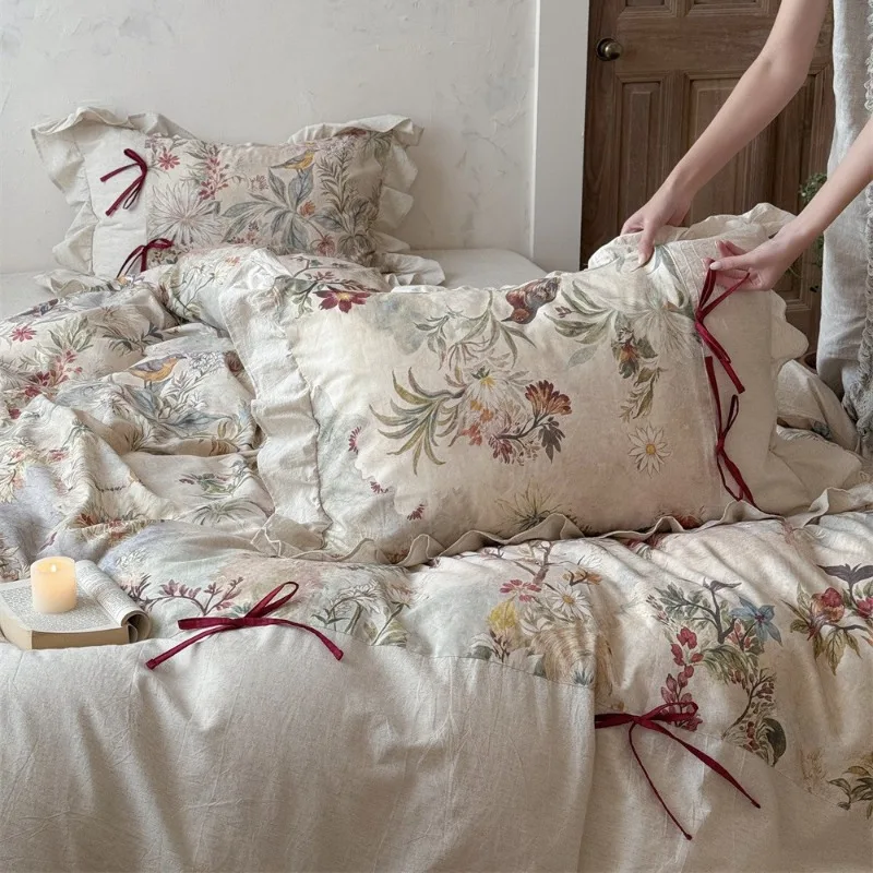 French Romantic Style Elegant Cotton and Linen Four-piece Set Quilt Cover Flat/Fitted Sheet Pillowcase Girl Heart Bedding Set