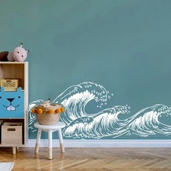 Large Sea Waves Sketch Wall Sticker Decal Baby Nursery Kids Room Cartoon Storm Wave Ocean Beach Playroom Bedroom  Decor